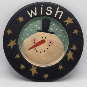 Primitive Snowman Wish Wood Plate 5.75" Hand Painted Folk Art Country Vintage